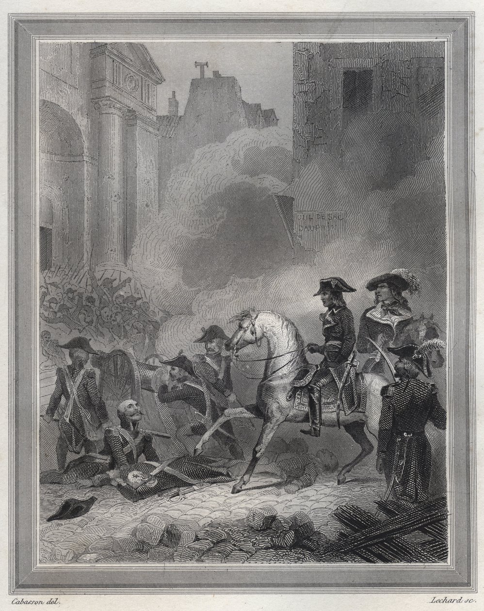Napoleon knuser Royalist Rebellion - Napoleon Bonaparte (til hest) kommanderede revolutionære tropper i gadekampe den 13. Vendemiaire (5. oktober) - 13. Vendemiaire 1795 (Royalistisk opstand den 5. oktober 1795): Bonaparte genindtog ordenen ved shoo af Unknown artist
