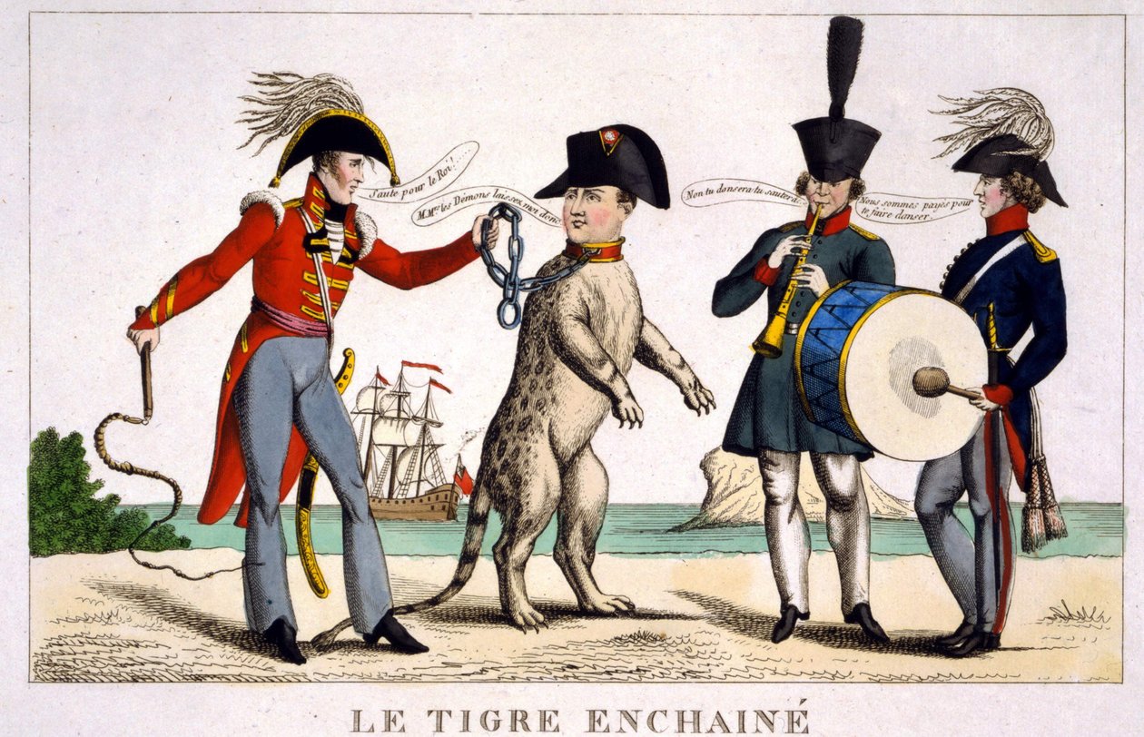 Napoleon I i en lænket tiger holdt af en britisk officer med en pisk. Rusland og Østrig spiller musik ved siden af. Tegnefilm 1815. af Unknown artist