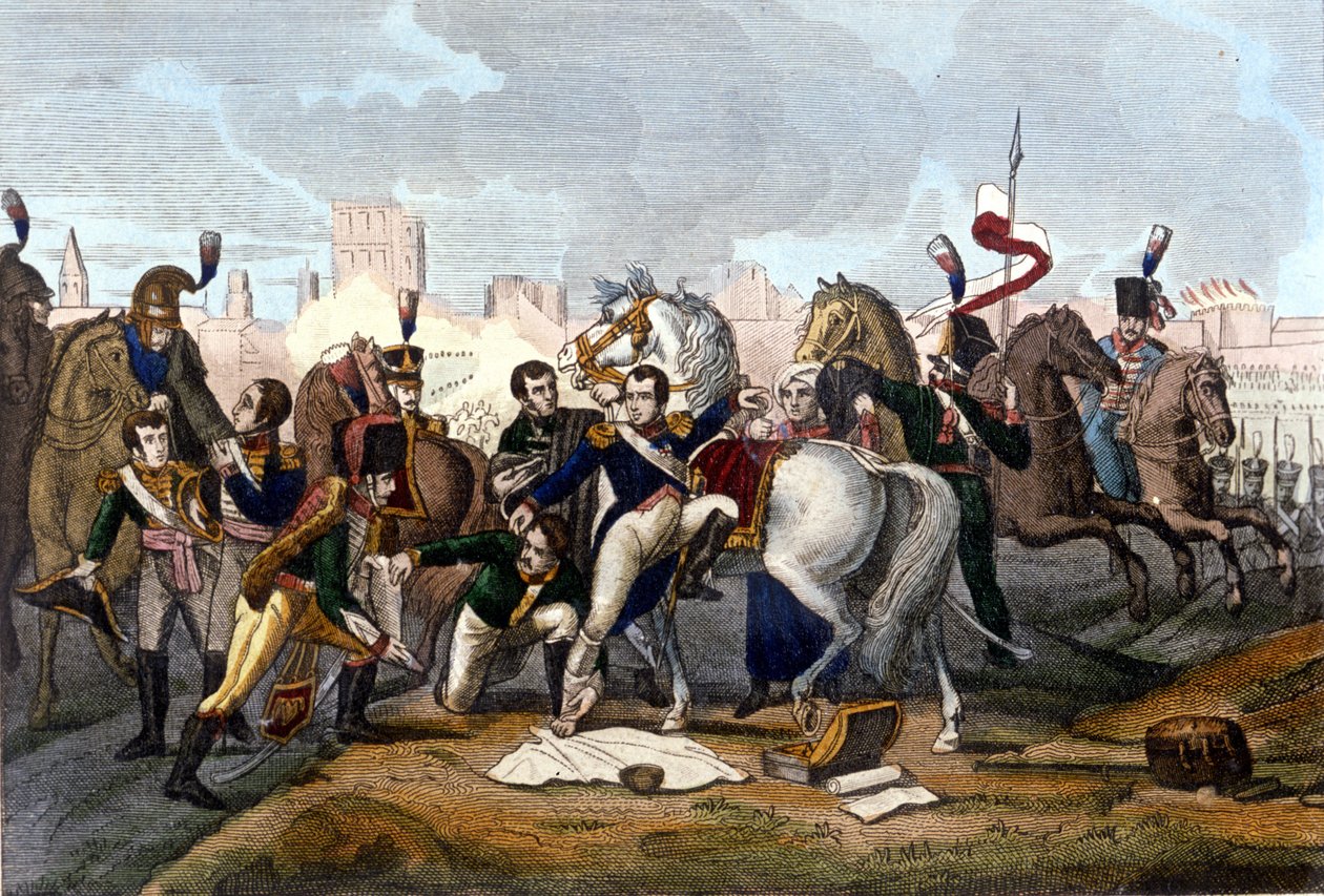 Napoleon I såret foran Regensburg den 23. april 1809. Indgravering 1800-tallet. af Unknown artist