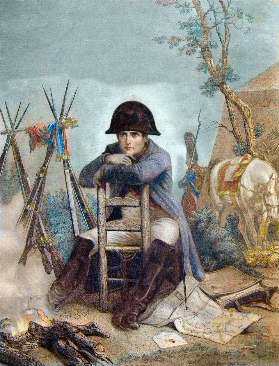 Napoleon ved Bivuak aftenen for slaget ved Austerlitz - gravering af Philippoteaux - Napoleon ved Bivuak. Slaget ved Austerlitz (1805), også kendt som slaget om de tre kejsere af Unknown artist