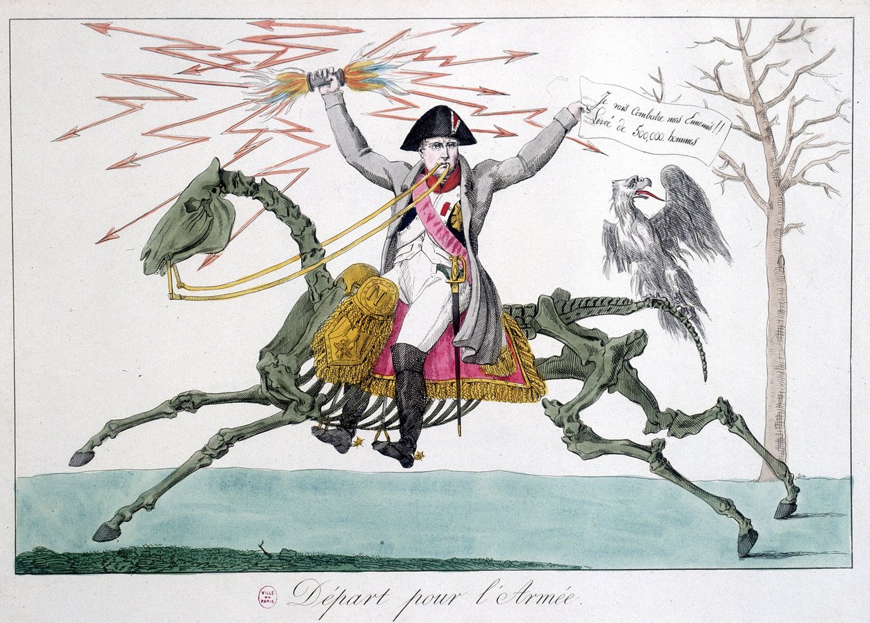 Napoleon: karikatur i en krigermand på et hesteskelet - i "" Napoleon 1er"", samling af karikaturer af Unknown artist