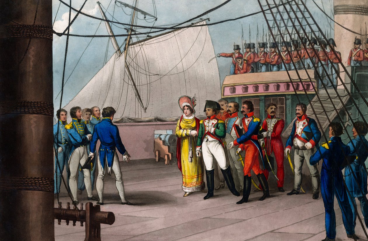 Napoleon betror sig til den britiske tro - Napoleon Bonaparte ombord på Bellerophon det britiske skib, der førte ham til eksil ved St. Helene (St. Helene) den 15. juli 1815 - Napoleon den Store overgav sig til den britiske nations generøsitet; på orne af Unknown artist