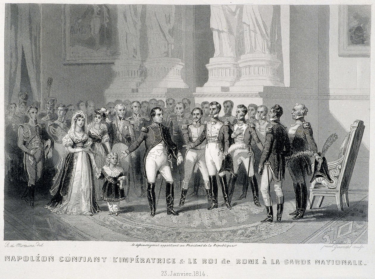 Napoleon overlader imponeren og hendes søn, kongen af Rom, til nationalgarden (23. januar 1814) - i "Fasttes de Gardes nationales de France"" af Unknown artist