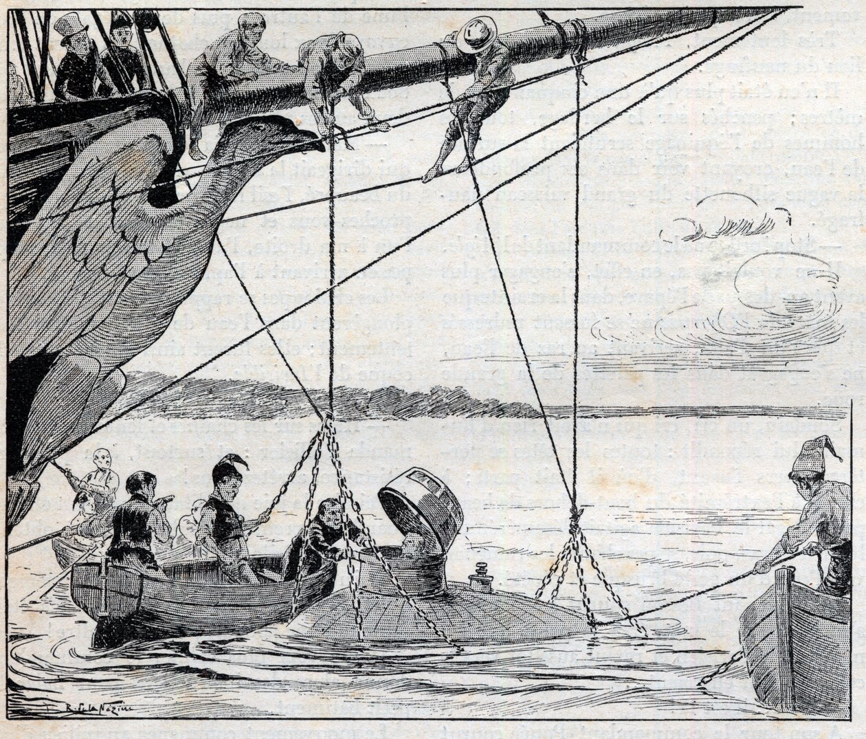 Napoleon flygter fra øen Saint Helene i en ubåd (ubåd) - illustration til romanen af Emile Cyprien (Emile-Cyprien) Driant (1855-1916), "Kejserens flugt"" af Unknown artist