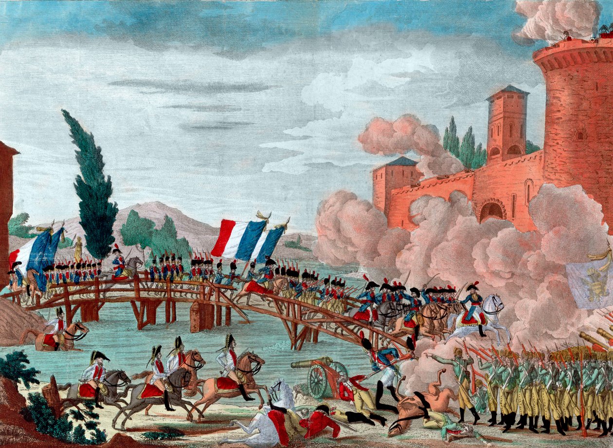 Napoleon førte sin hær over broen ved Lodi - Napoleon under slaget og passage af Lodi-broen i 1796 - Passage af Lodi-broen i Italien af den republikansk-franske Armee bestilt af generalgeneral Napoleon Bonaparte - af Unknown artist