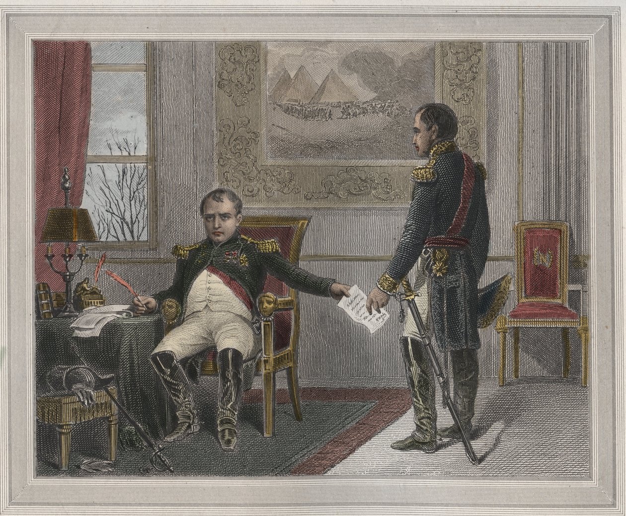 Napoleon underskriver sin abdikation 1814 - Napoleon Bonaparte (1769-1821) i Fontainebleau under sin første abdikation, underskrevet i april 1814 Indgravering i "Les Fastes Populaires, ou Histoire des acts heroiques du peuple et de son influence sur les sc af Unknown artist