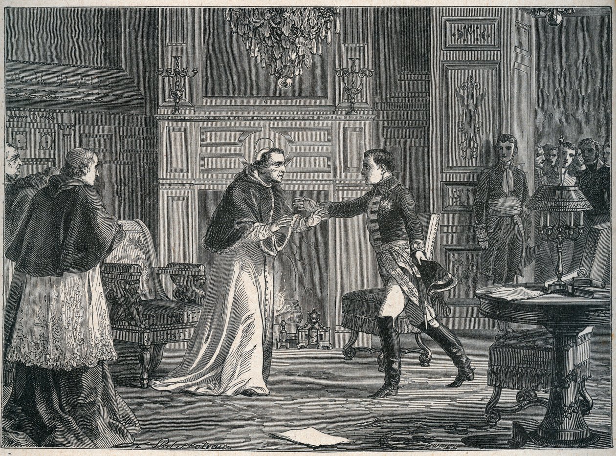 Napoleon besøger pave Pius VII i Fontainebleau 1804 - Besøg af Napoleon I til pave Pius VII a Fontainebleau 1804 af Unknown artist
