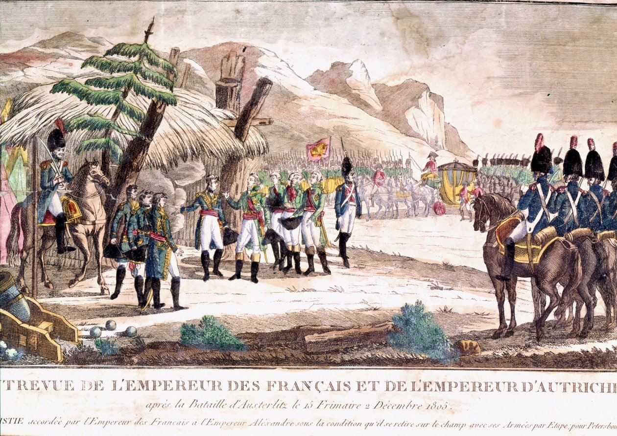 Napoleonskrigen: Napoleon I møder kejser Francois II efter slaget ved Austerlitz den 2/12/1805. Indgravering af det 19. århundrede. af Unknown artist