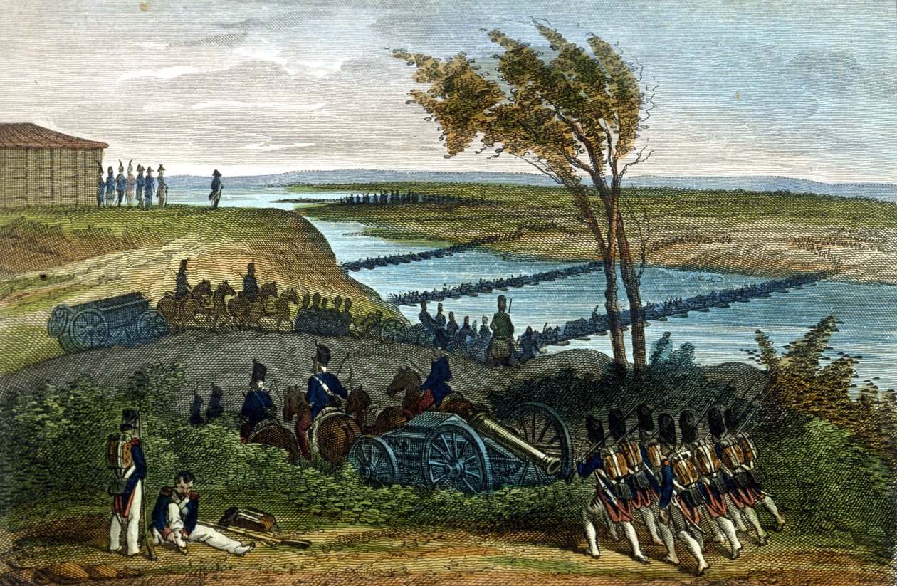 Napoleonskrigen: Russisk kampagne. Passage af floden Niemen (Dnjemen) den 24/06/1812, som adskiller de to imperier. Indgravering af det 19. århundrede. af Unknown artist