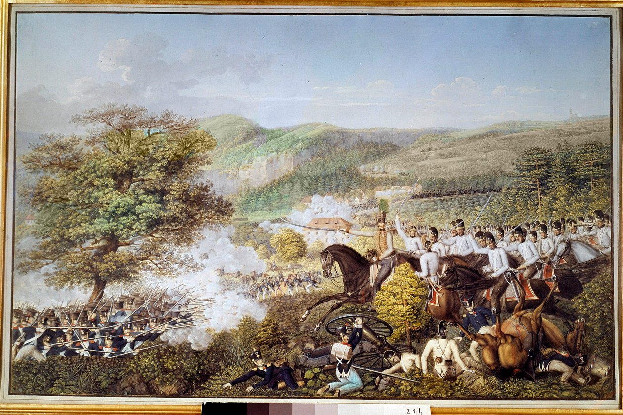 Napoleonskrigen: "" Det franske infanteri mod det preussiske kavaleri"" Anonym akvarel. 1813 Berlin, historisk museum af Unknown artist
