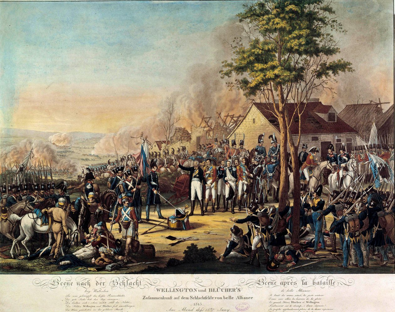 Napoleonskrigene: Slaget ved Belle Alliance eller Waterloo vundet 18/06/1815 af de væbnede styrker under ordre fra Arthur Wellesley, hertug af Wellington (1769-1852) og prins Blucher af Unknown artist
