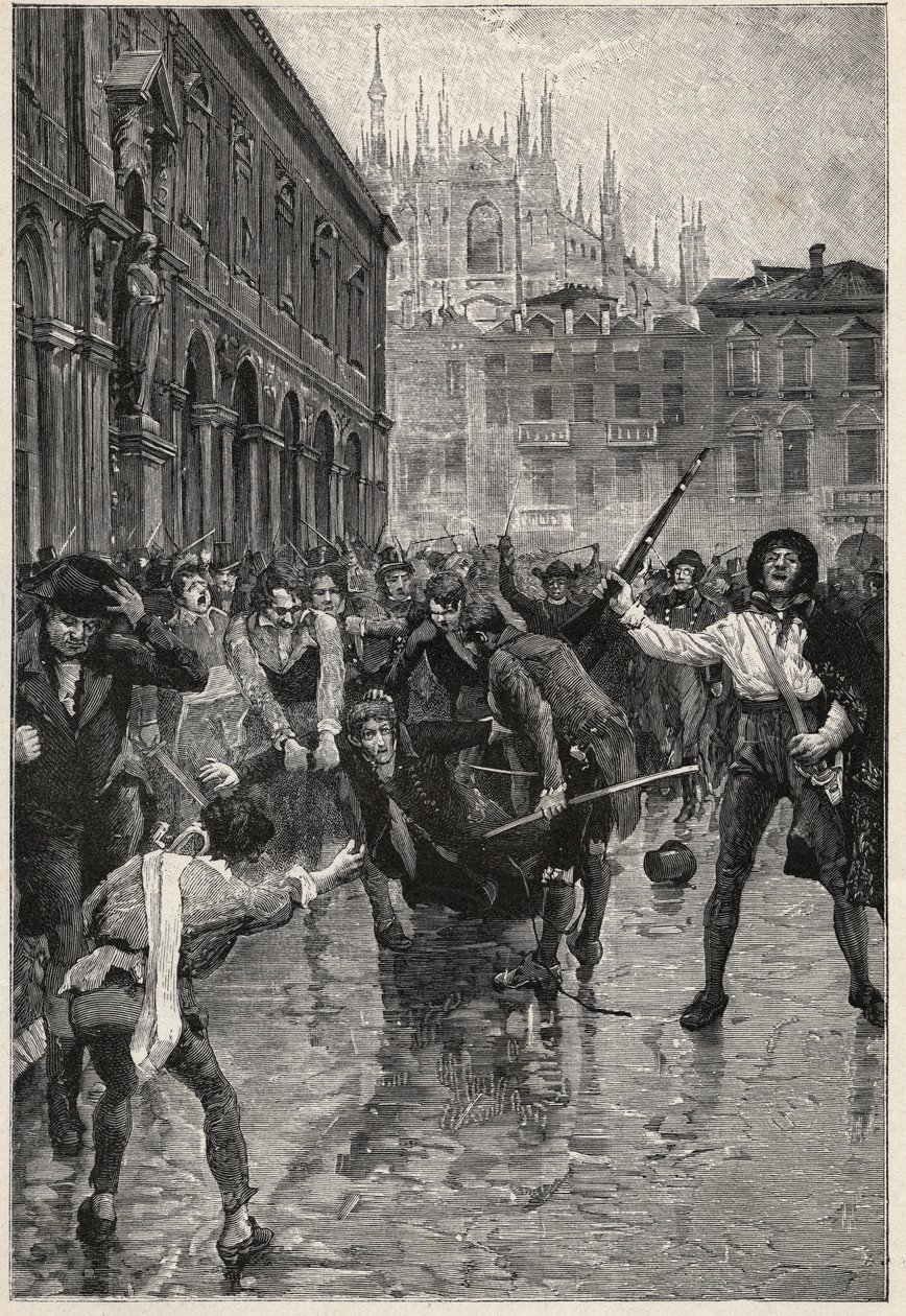 Napoleons abdikation tilskynder til optøjer i Milano, og Giuseppe Prina, den upopulære finansminister, bliver slæbt rundt i gaderne og til sidst dræbt af pøbelen på Piazza San Fedele i Milano, den 20. april af Unknown artist