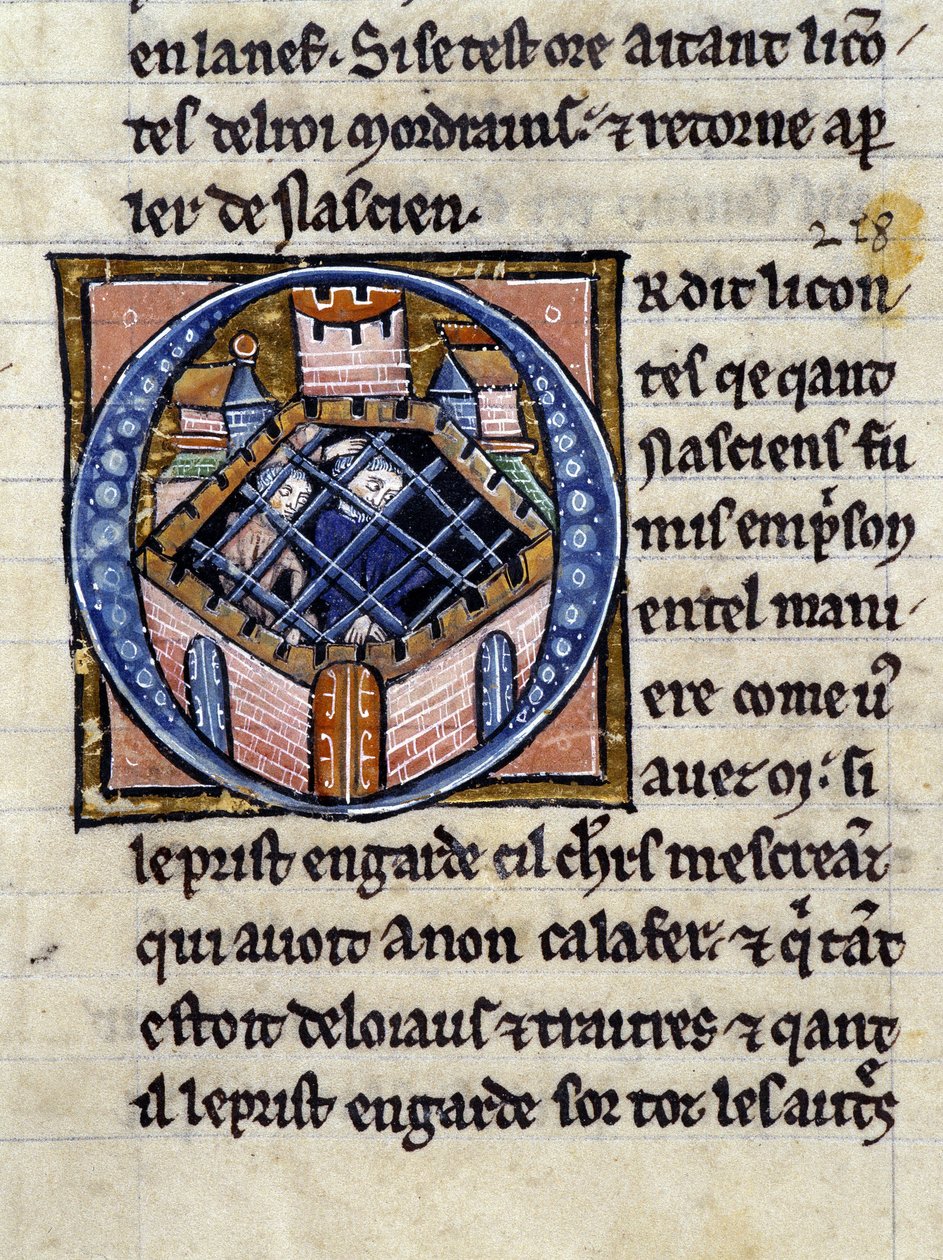 Nascion i fængsel. Manuskript: Erobring af Saint Gréal, skrevet 717 år efter vor herres lidenskab. Bibliotheque Municipale de Rennes, frk. 255 (Samling af romaner af det runde bord); Paris af Unknown artist