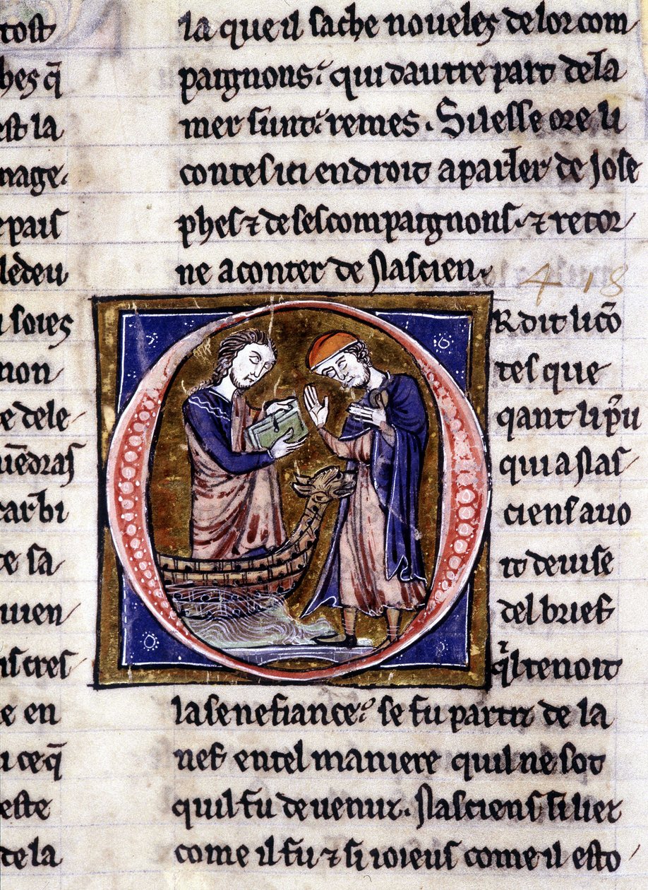 Nascion modtager bogen (?). Manuskript: Erobring af Saint Gréal, skrevet 717 år efter vor herres lidenskab. Bibliotheque Municipale de Rennes, frk. 255 (Samling af romaner af det runde bord); Paris af Unknown artist
