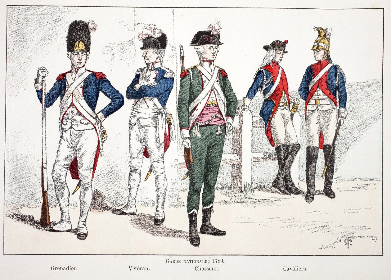 Nationalgarden, i 1789, med venstre mod højre: grenaderen, veteranen, jægeren og ryttere. Radering i farver, til illustration "" History of the Corps of Peacekeepers""" bog udgivet i regi af Louis Lepine (1846-1933) før af Unknown artist