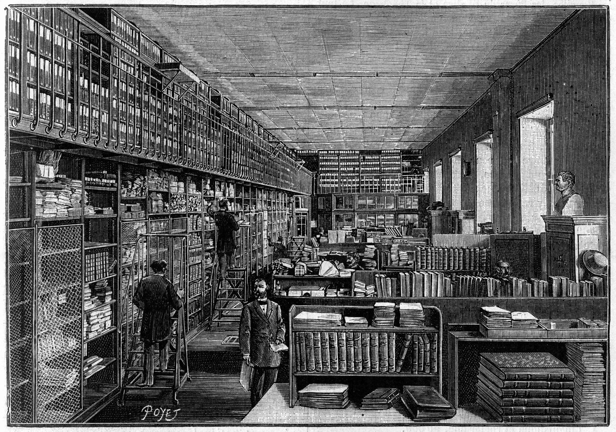Nationalbiblioteket i Paris: Katalogkontoret. Ovenpå er skuespillenes kasser. Indgravering i "" La Nature: revue des sciences et de leurs applications aux arts et a l