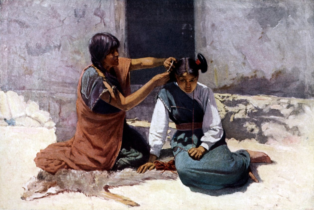 Indiansk mor fra Hopi-stammen ordner sin datters hår som forberedelse til ægteskab af Unknown artist