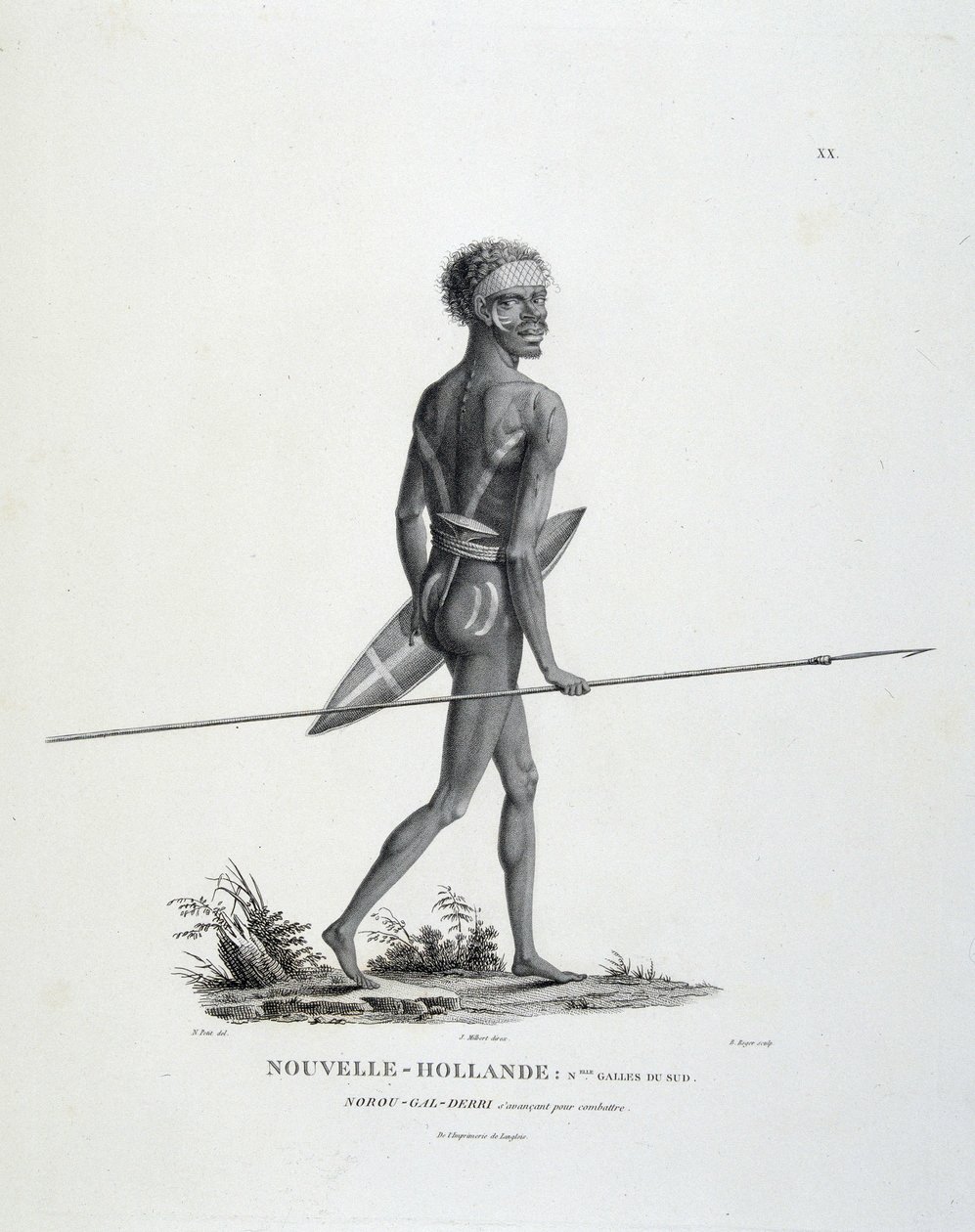 Indfødte North-Gal-Derri fra New South Wales i New Holland rykker frem til kamp - i "" Opdagelsesrejse til de sydlige lande"" af herrerne Lesueur og Peer af Unknown artist
