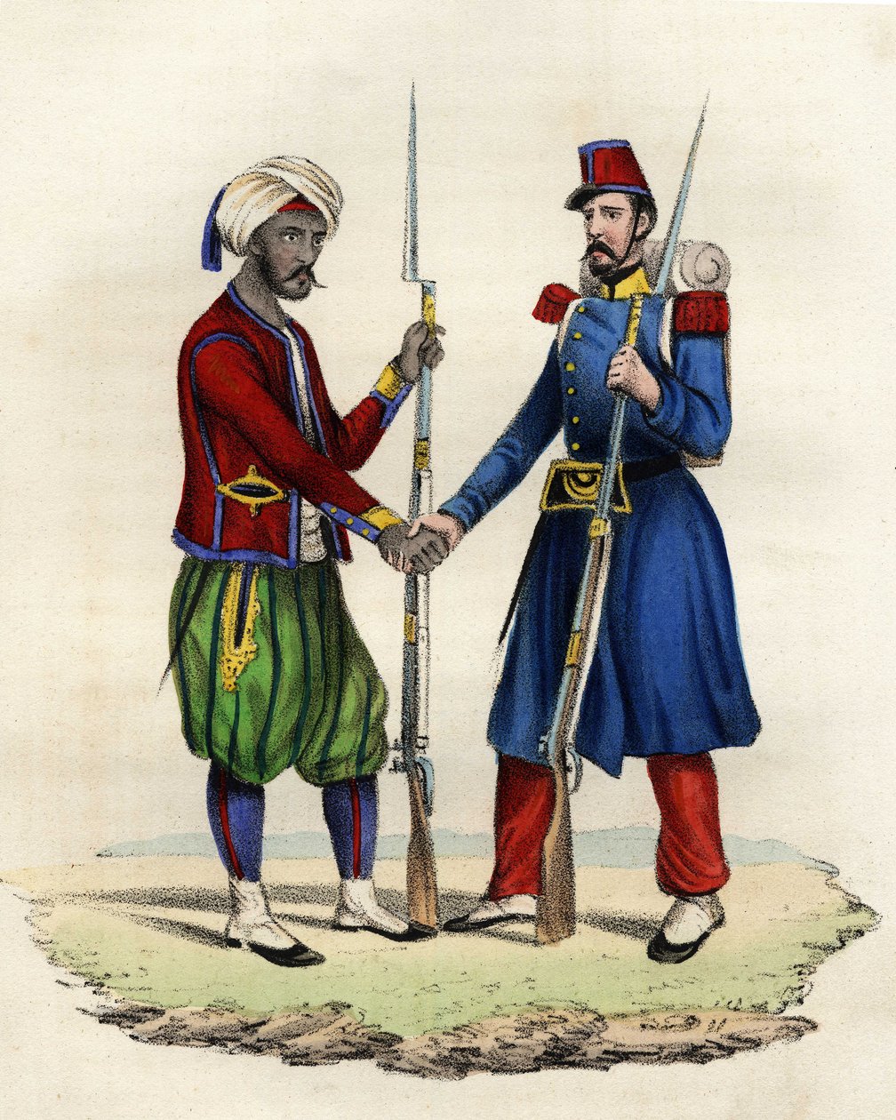 Indfødte og franske jægere fra den franske hær af Afrika i Algeriet i 1830. I "" Storia d