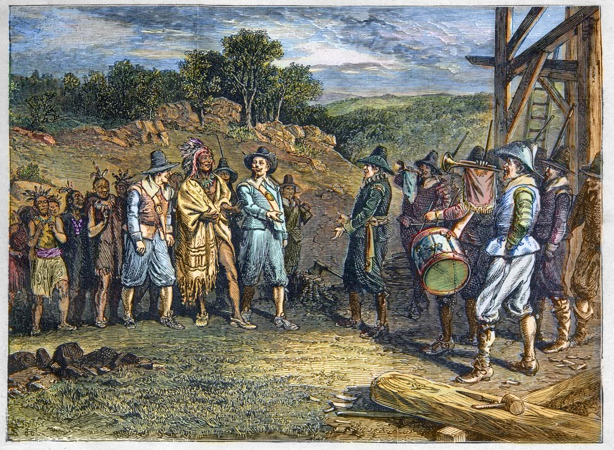 Indfødte befolkning i Amerika: indianere. Nybyggerne mødte Massasoit (1590-1661) også kendt som Ousamequin "Yellow Feather"" høvding for Wampanoag-stammen, Plymouth Colony, år 1620. Wampanoag-leder Massasoit besøgte kolonister i Plymouth af Unknown artist