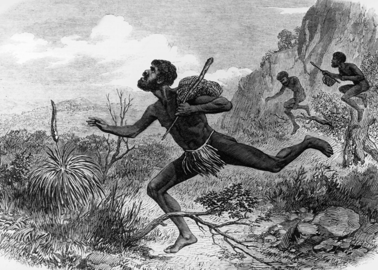 Alkuperäiset (aboriginaalit) Australiasta mehiläismetsästyksen aikana 1863, kaiverrus af Unknown artist