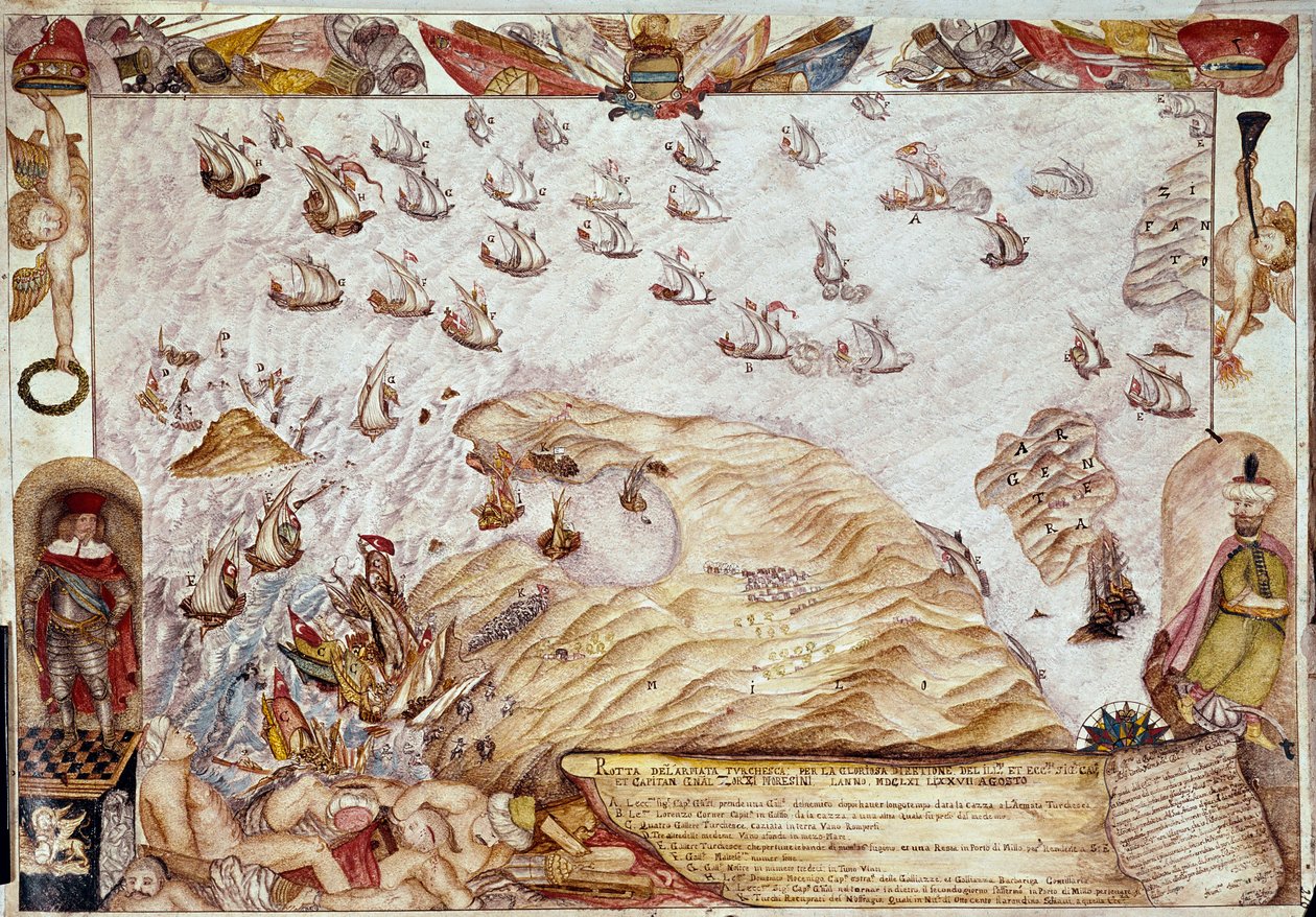 Søslag mellem den tyrkiske og venetianske flåde i 1661 - Miniature - Venedig, Biblioteca Marciana af Unknown artist