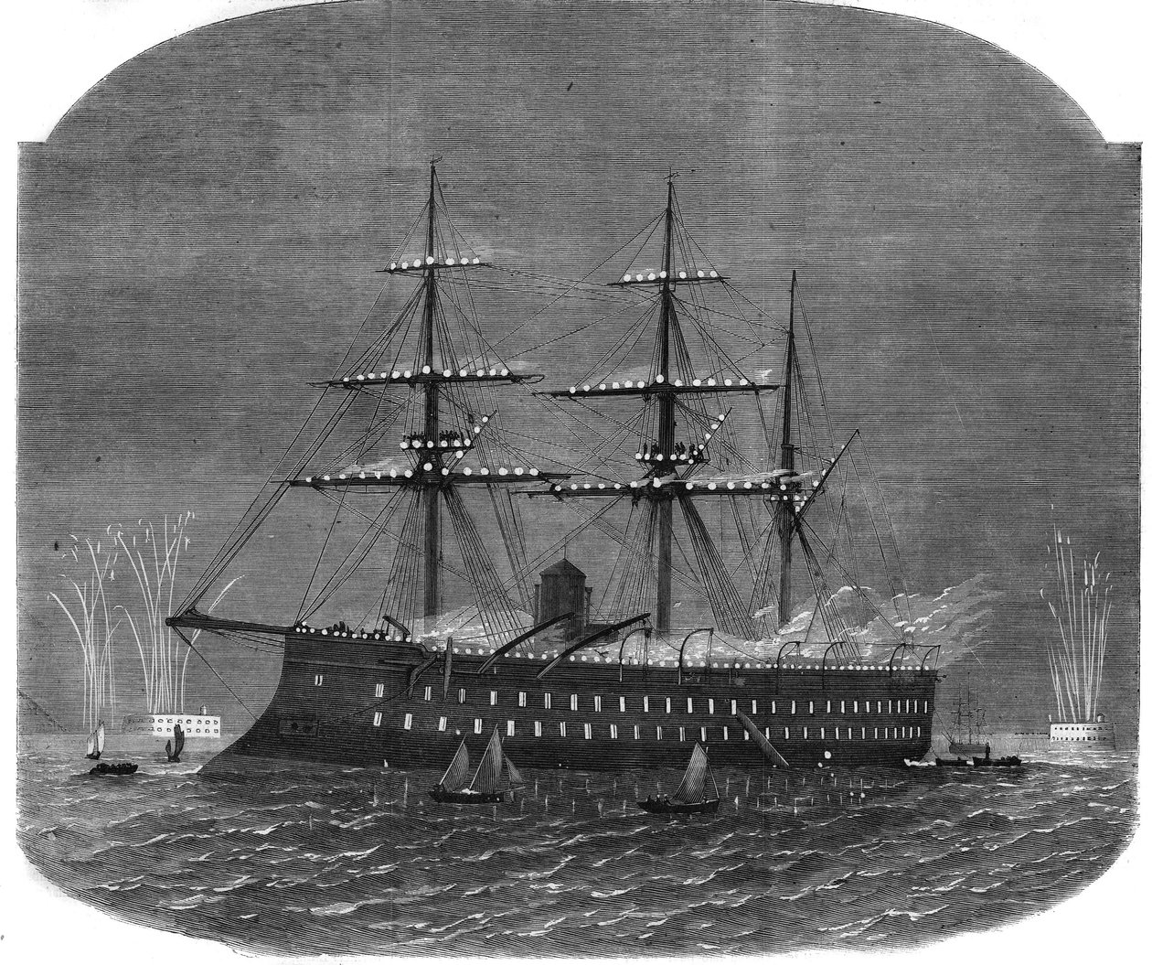 Søbelysning i havnen i Spithead under den egyptiske sultan Ismail Pashas (1830-1895) rejse til England. Indgravering i "The Illustrous Universe" af Unknown artist