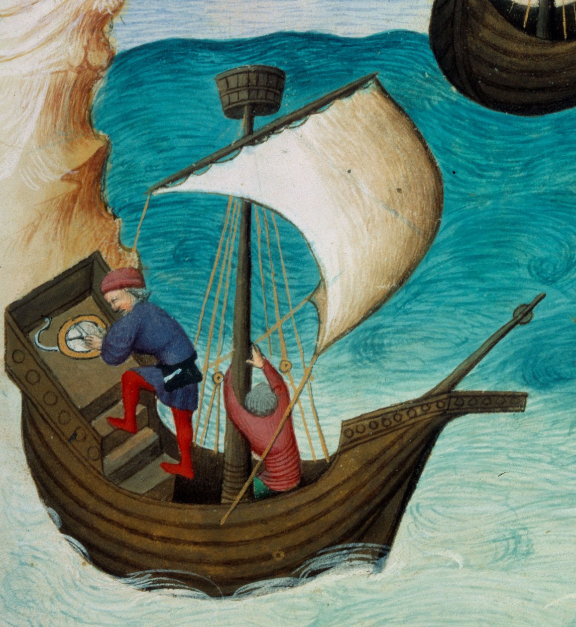 Navigatører i Det Indiske Ocean orienteret med stjerner og astrolabium. Miniature i "" The Book of the Wonders of the World"", Ms. 2810, folio 188v belyst af Mesteren af Egerton, skrevet John (Jehan) de Mandeville (1300? 1382). Omkring 1410-1412. BN, Paris af Unknown artist
