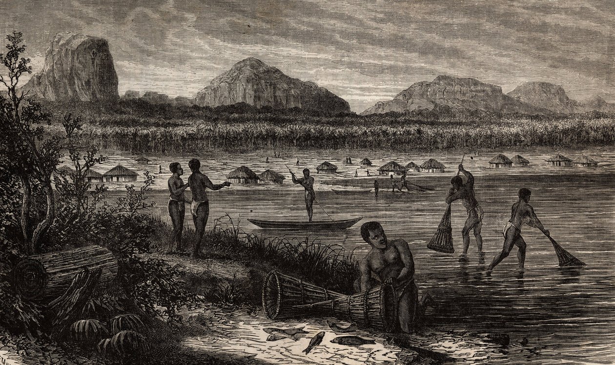 I nærheden af grå stær i Rovuma (Mozambique), fiskeriet af fisk. Indgravering til illustration af Dr. Livingstones første rejser til det sydlige Afrika fra 1840 til 1856, i "Le tour du monde, nouveau journal des voyages"" udgivet under direktivet af Unknown artist