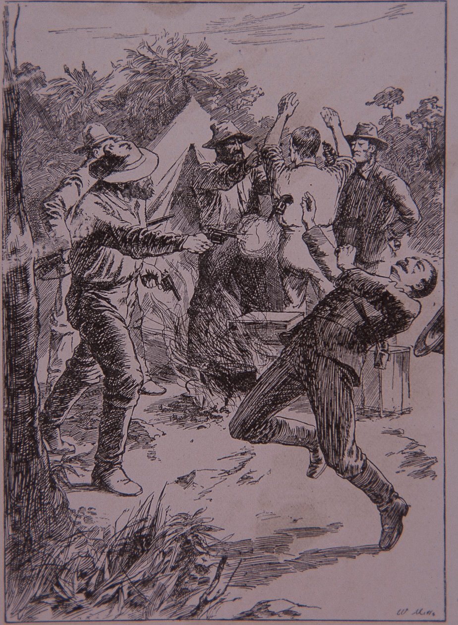 Ned Kelly dræber politikonstabel Lonigan ved Stringybark Creek i 1878 (gravering) af Unknown artist