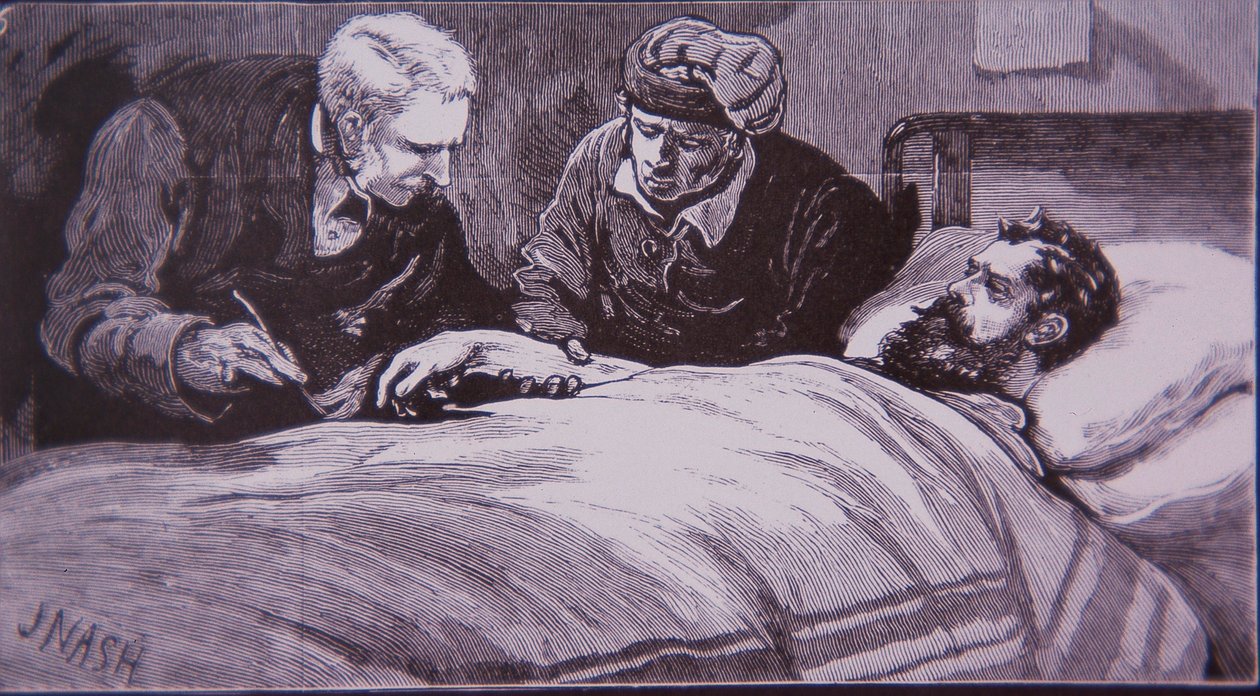 Ned Kelly ligger såret på fængselshospitalet i Melbourne efter at være blevet fanget af politiet den 28. juni 1880 (gravering) af Unknown artist