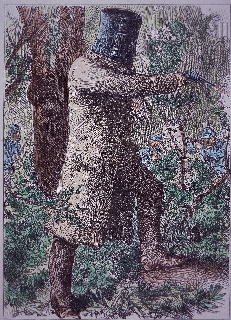 Ned Kelly, iført sin karakteristiske rustning, i sidste konfrontation med politiet, 28. juni 1880 (farvegravering) af Unknown artist