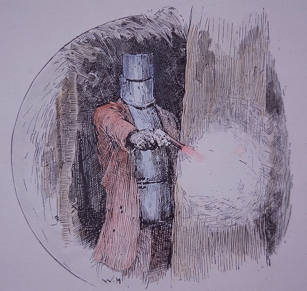 Ned Kelly iført sin hjemmelavede rustning, i konfrontation med politiet (håndfarvet gravering) af Unknown artist