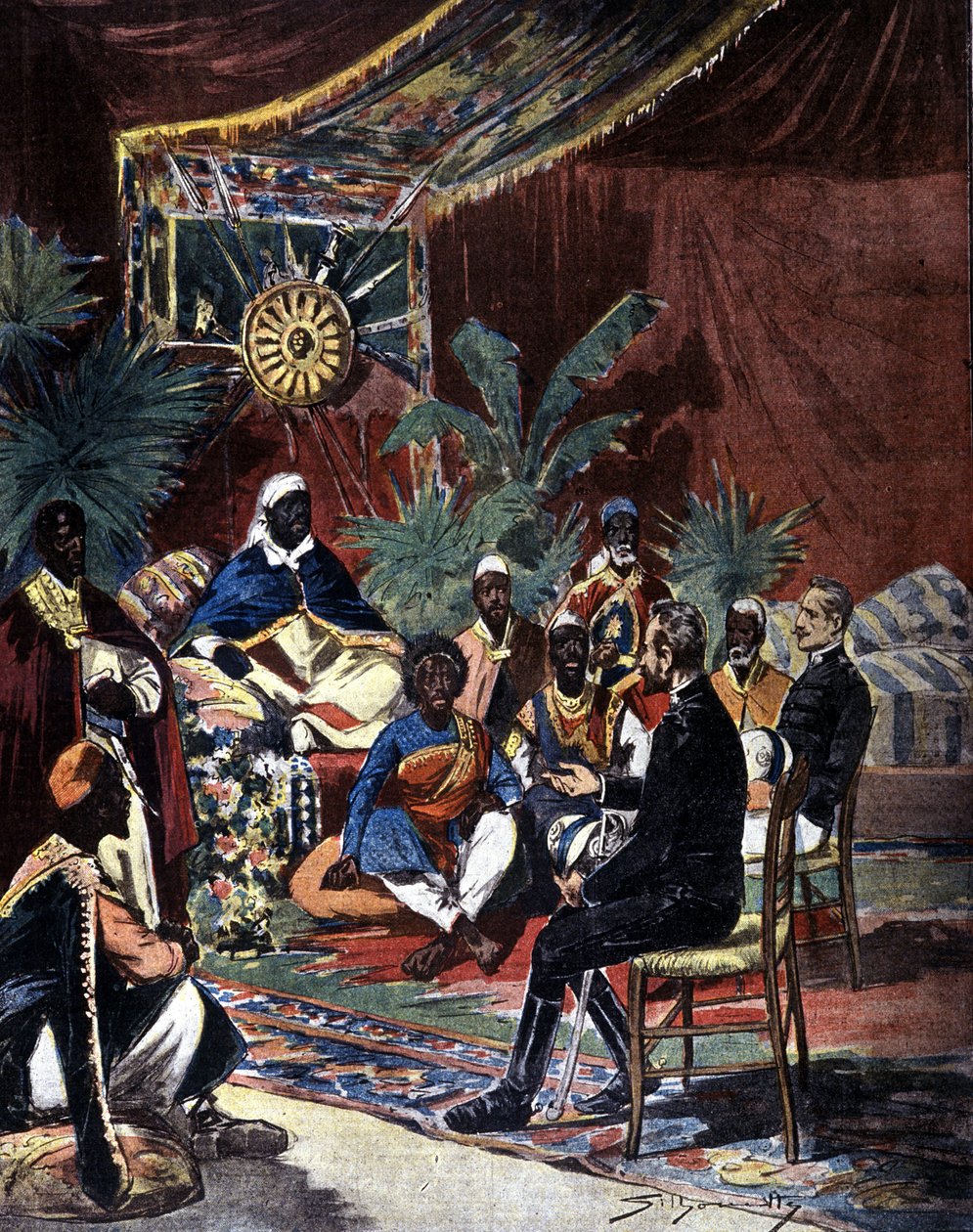 Forhandlinger om fred med Etiopien efter det italienske nederlag i Adoua i 1896. Major Salsa og kaptajn Angherà mødtes med kong Menelik II (1844 - 1913) og hans høvdinge. Illustration af slutningen af 1800-tallets presse af Silhouette. af Unknown artist