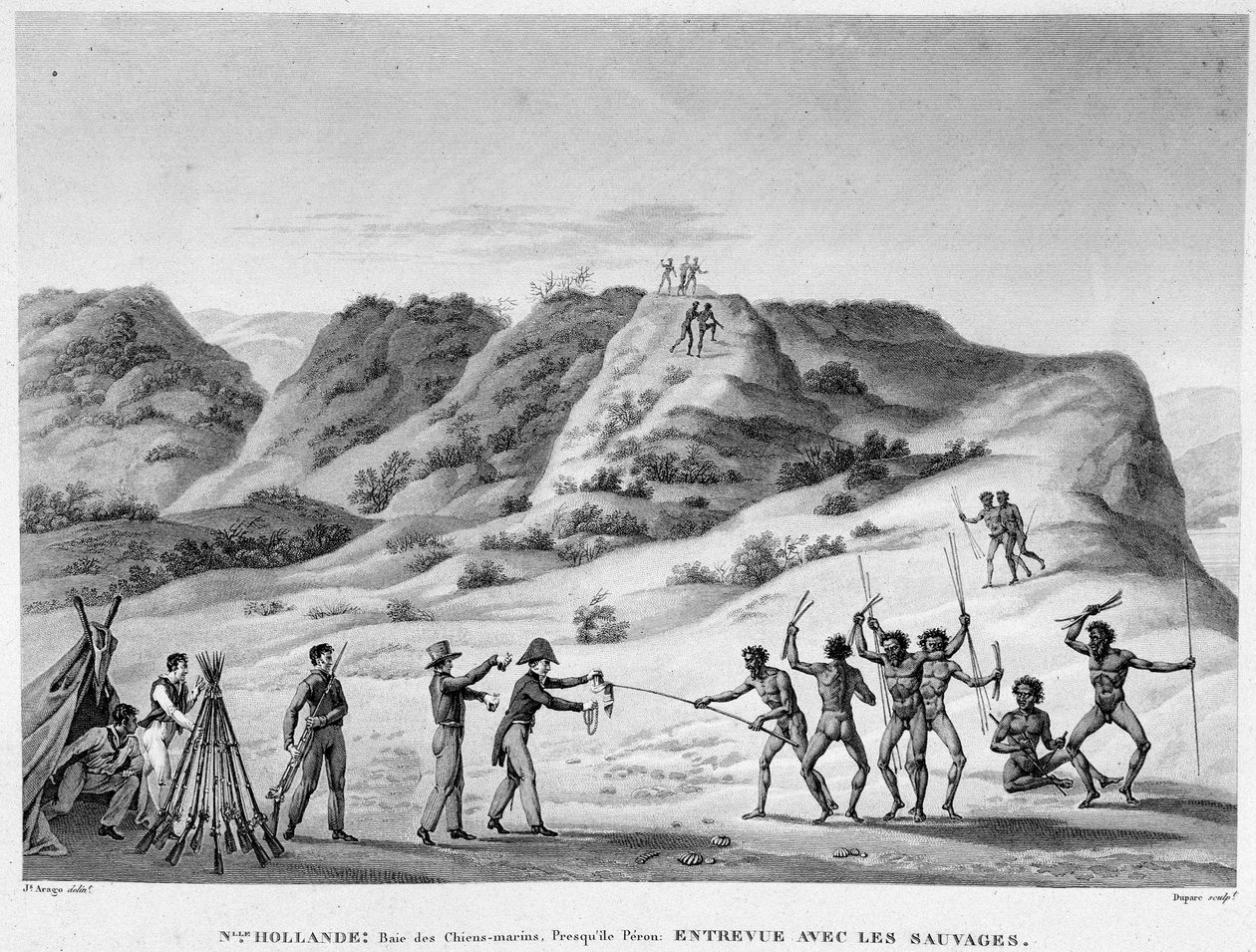 New Holland, Bay of Marine Dogs, Peron-halvøen: interview med indianerne (møde mellem aboriginere og bosættere) - gravering, deb. 19. århundrede af Unknown artist