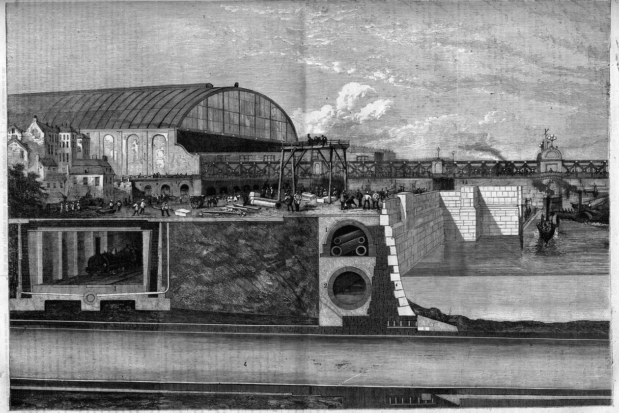 New Thames Wharf Section i London, England, der angiver: 1. Den øvre underjordiske rute for vand- og gasrør og telegrafledninger; 2. Cylindrisk kloak; 3. Metropolitan jernbane; 4. Atmosfærisk jernbane. Indgravering i ""Det illustere univers"" af Unknown artist
