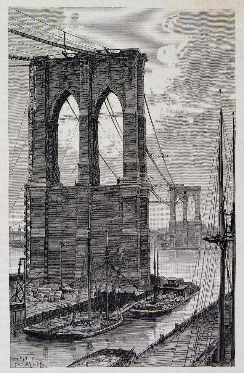 New York: Brooklyn Bridge pæle under opførelse - i "The World Tour"", 2. semester 1881 af Unknown artist