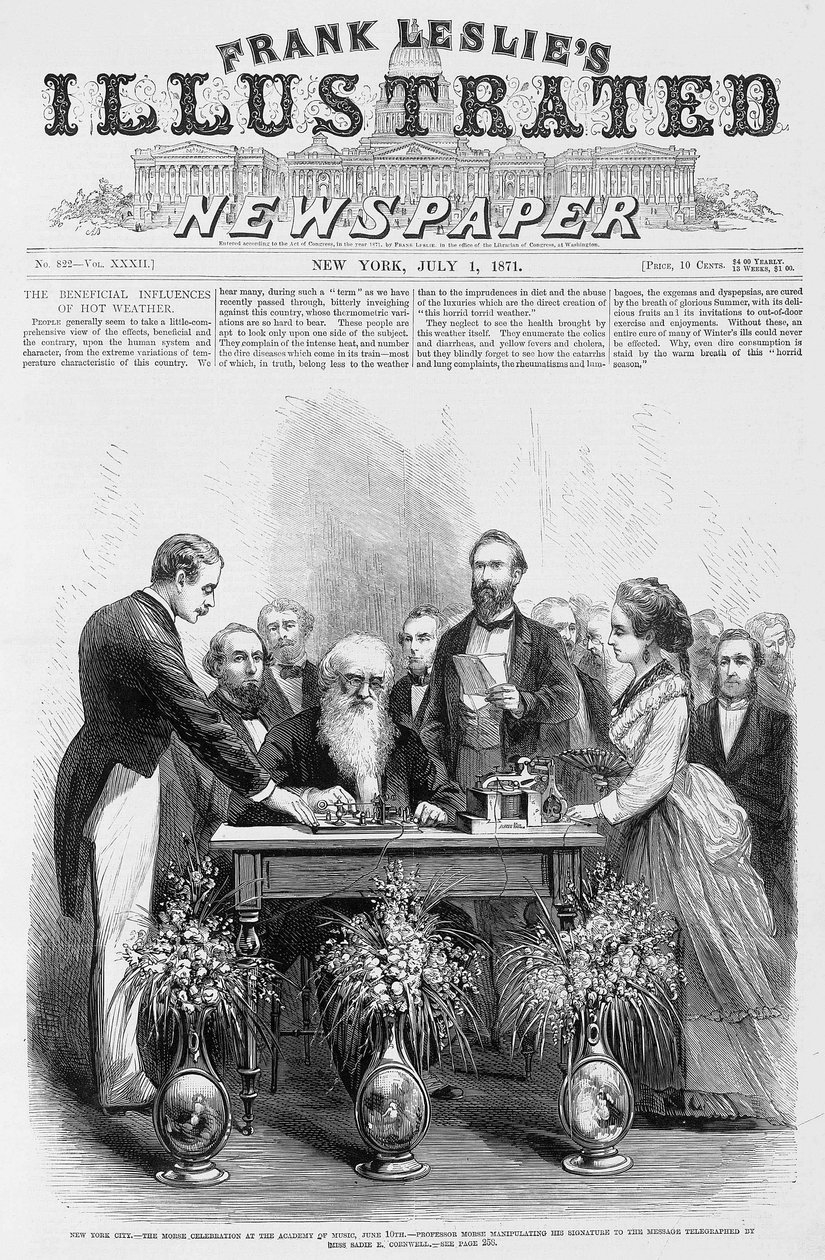 New York City - Morse-fejring på Academy of Music, 10. juni - Professor Morse manipulerer sin underskrift til beskeden telegraferet af Miss Sadie E. Cornwell - i "" Frank Leslies illustrerede avis", 01/07/1871 af Unknown artist