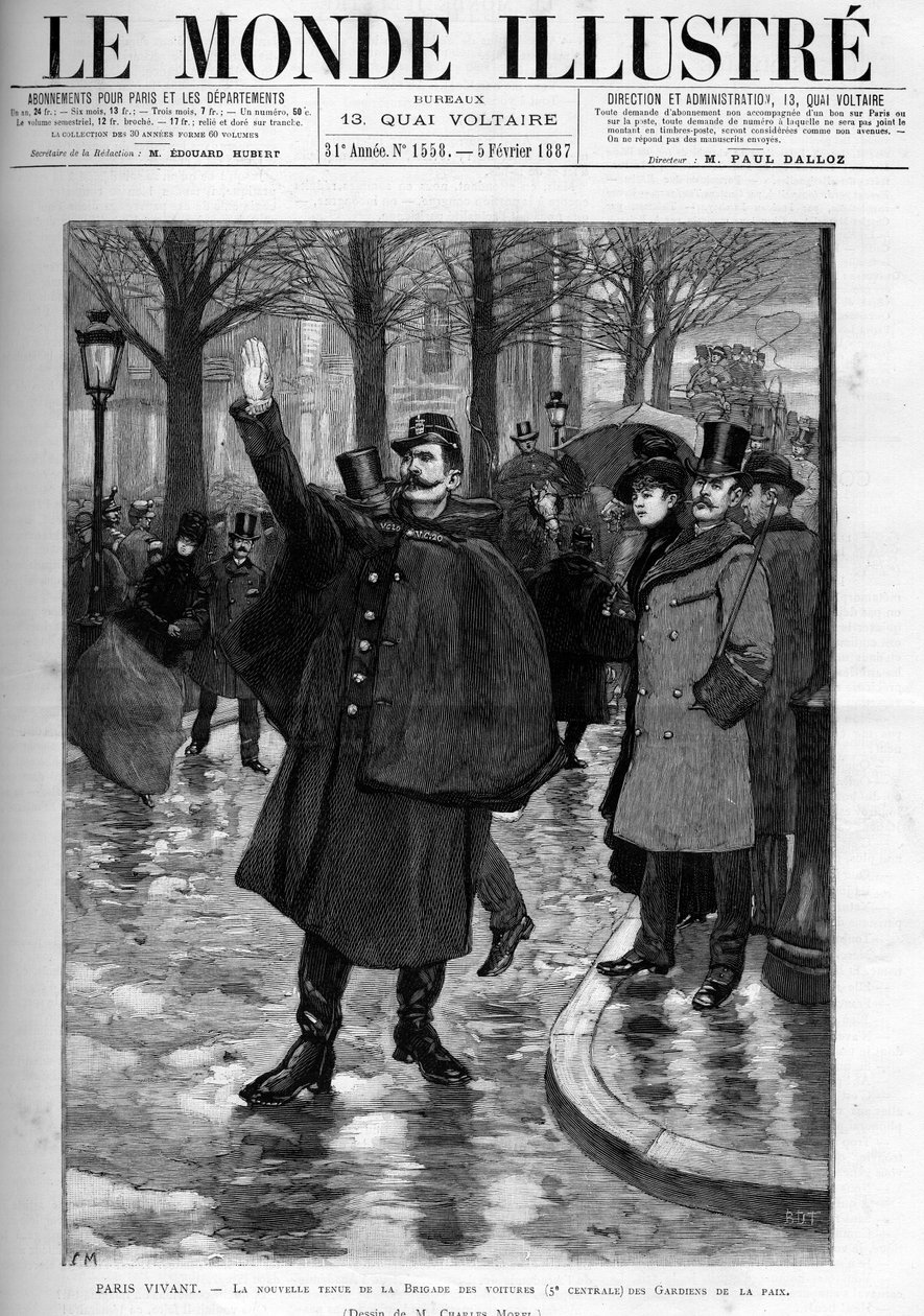 Nyt tøj fra fredsbevarende bilbrigade i Paris. Gravering i "" Le monde illustrious"" af Unknown artist