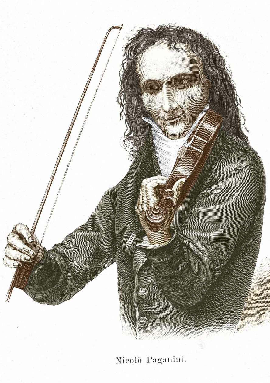 Niccolo Paganini (1782 - 1840) spiller på sin Stradivarius (Violin skabt af den italienske luthier Antonio Stradivari). af Unknown artist