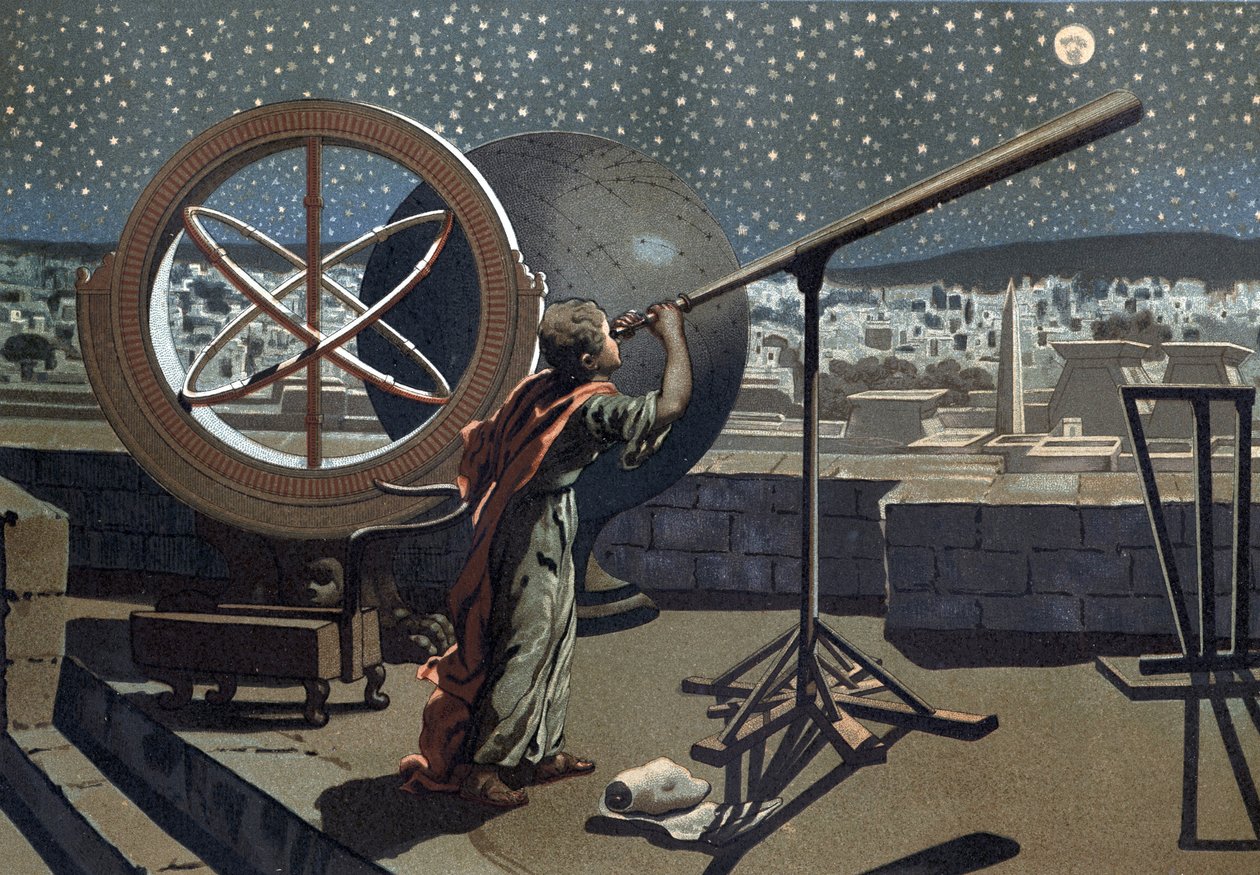 Nicees hipparchus. (Hipparkhos) i Alexandria Observatory Græsk Astronom (i Bythynien, 2. århundrede f.Kr.) efter "Science and its Men" af Louis Figuier. Barcelona 1881 af Unknown artist