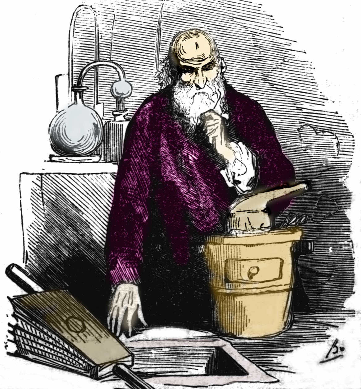 Nicolas Flamel (1330 - 1418) i sit laboratorium. af Unknown artist