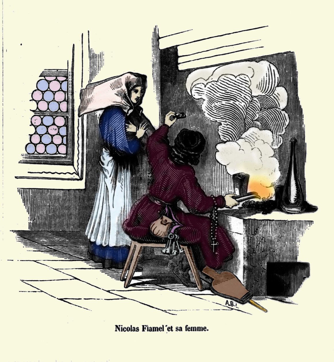 Nicolas Flamel (1330 - 1418) med sin kone. af Unknown artist