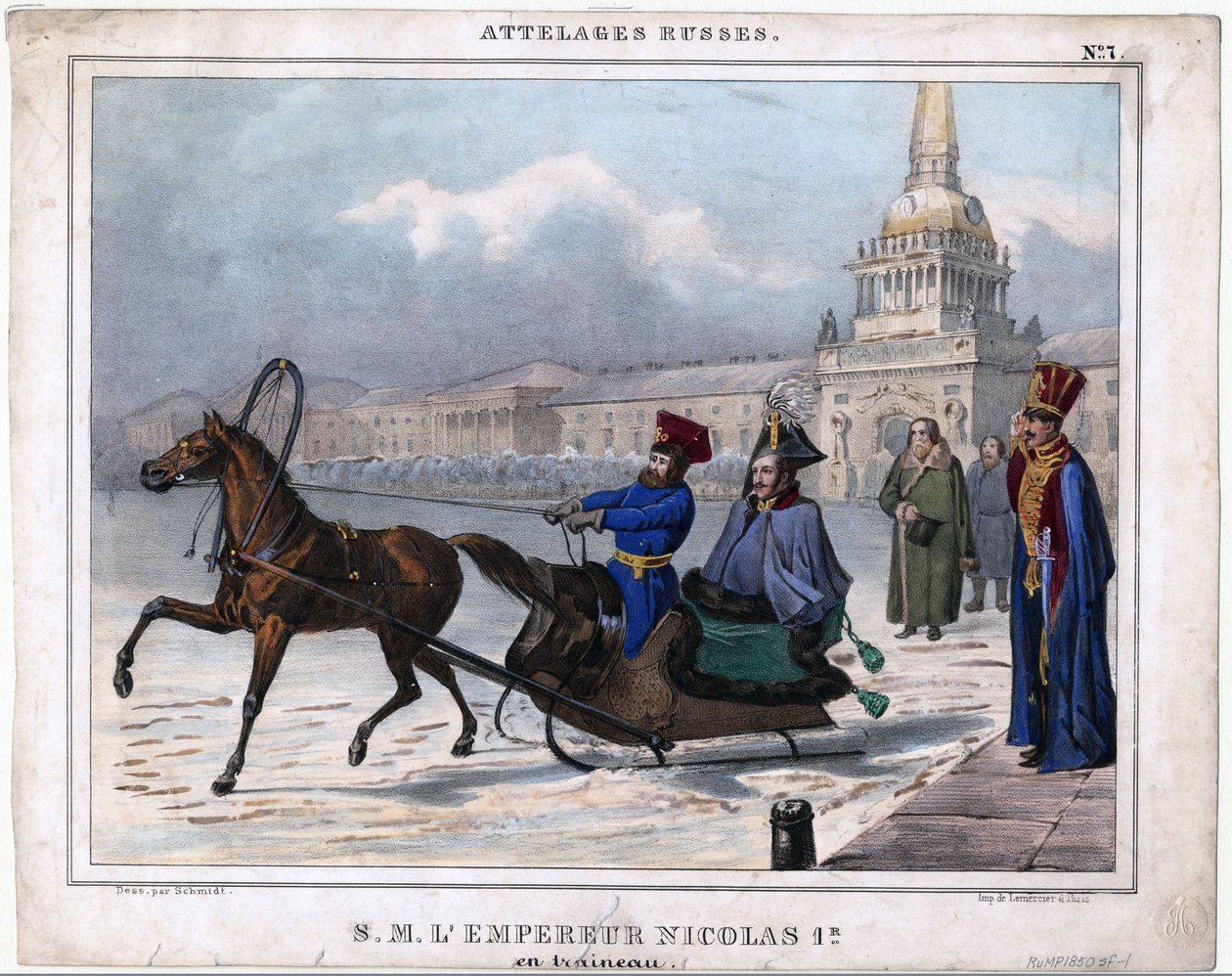 Nicolas I en traineau - Nicholas I af Rusland i en slæde - Anonym - 1850 - Litografi, akvarel - 21,3x26,8 - Privat samling af Unknown artist