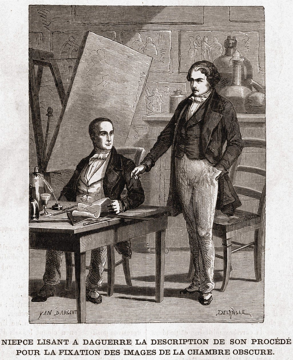 Niepce læser for Louis Daguerre i beskrivelsen af heliografi, til fiksering af billeder fra camera obscura - Nicephore Niepce (1765-1833), fransk opfinder, fotografisk pioner, læser for Daguerre beskrivelsen af hans metode til at fikse billederne af Unknown artist