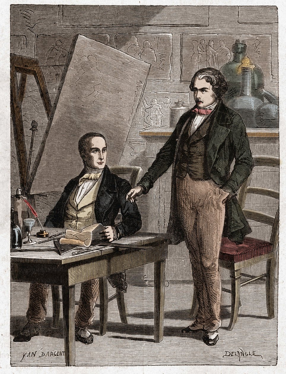 Niepce læser for Louis Daguerre i beskrivelsen af heliografi, til fiksering af billeder fra camera obscura - Nicephore Niepce (1765-1833), fransk opfinder, fotografisk pioner, læser for Daguerre beskrivelsen af hans metode til fiksering af i af Unknown artist