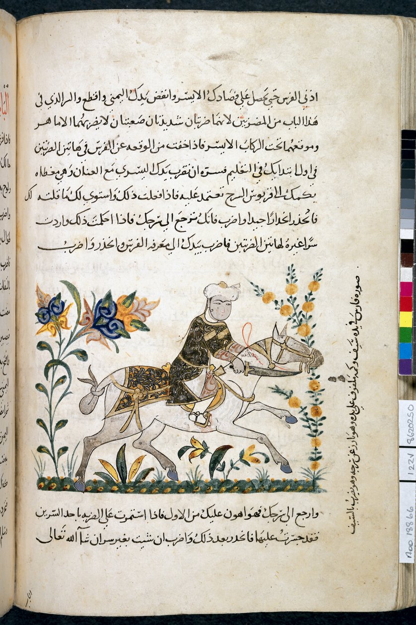 Nihāyat al-suʾl wa-al-umnīyah fī taʿlīm al-furūsīyah, Tilføj MS 18866, f.122v, c.1371 (blæk og pigment på papir) af Unknown artist