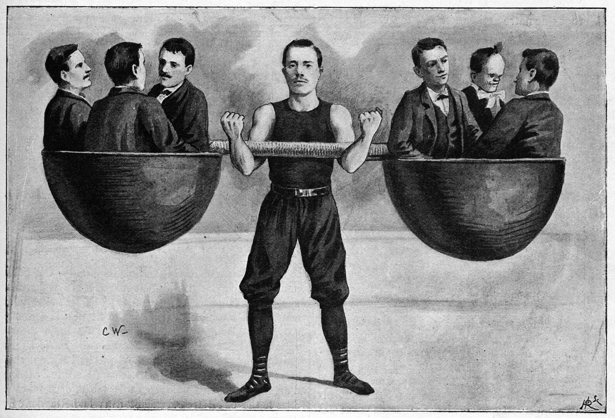 Nino ung italiensk 24-årig i vintercirkus med seks mænd i armen. Fra et foto fra 1898. af Unknown artist