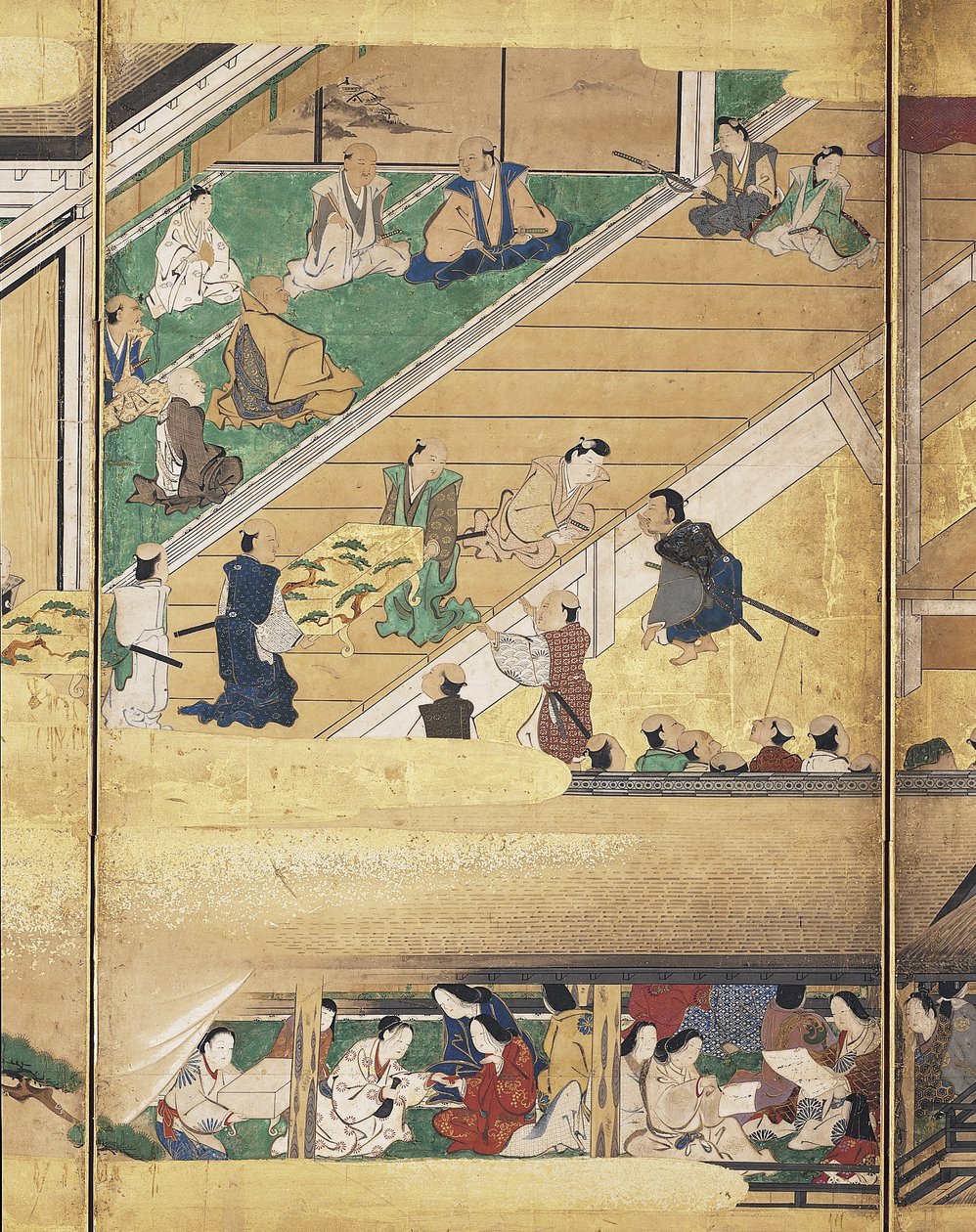 Noh Play: Funa Benkei (blæk, farver og guld på papir, skærm med seks paneler) af Unknown artist