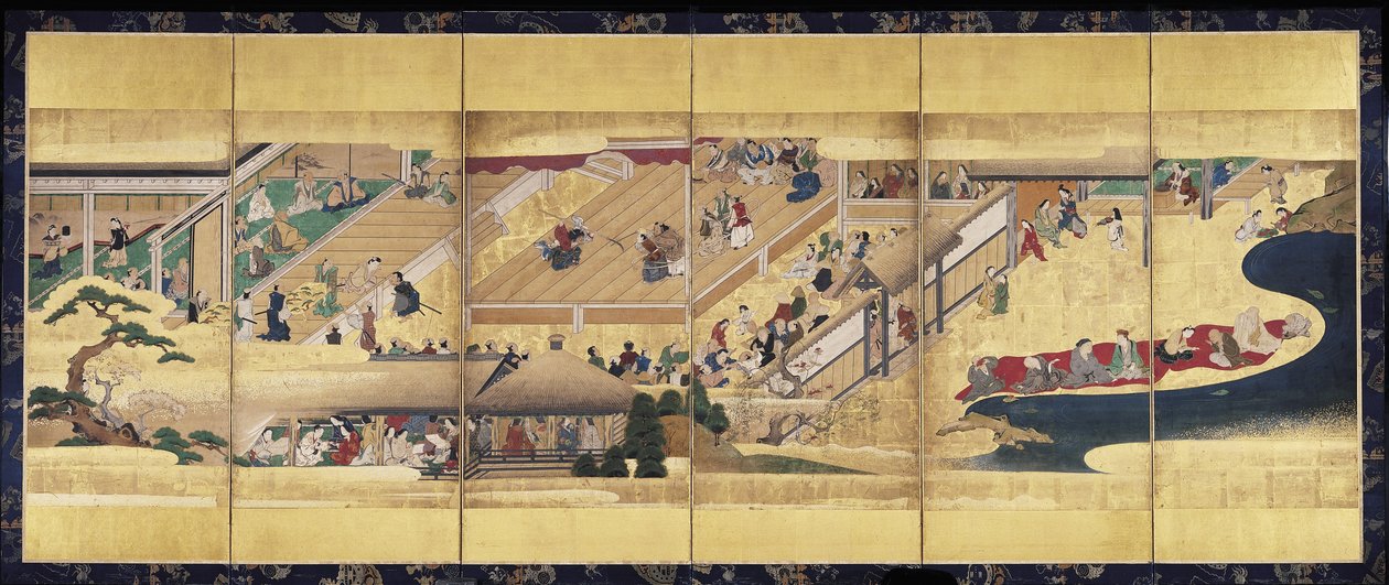 Noh Play: Funa Benkei (blæk, farver og guld på papir, skærm med seks paneler) af Unknown artist